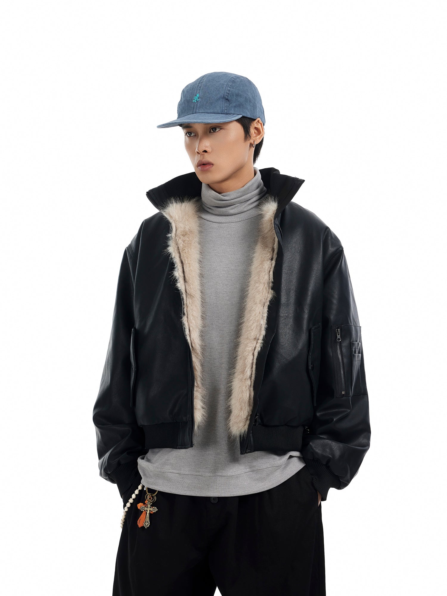 BTSG Motorcycle Leather Thickened Plush Collar MA1 Mountain Carved Jacket