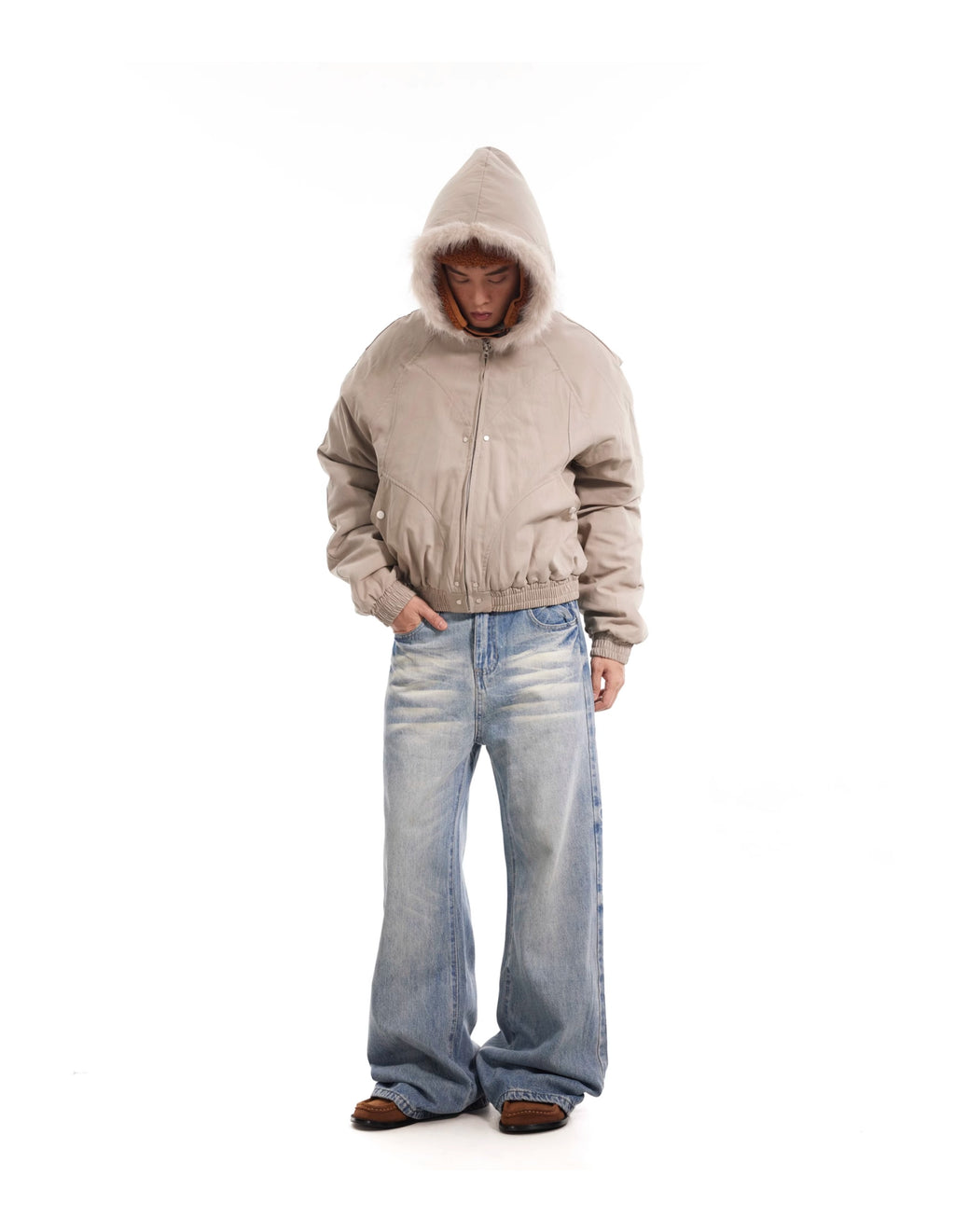 BTSG Wash Cat Whisker Light Loose Straight Jeans