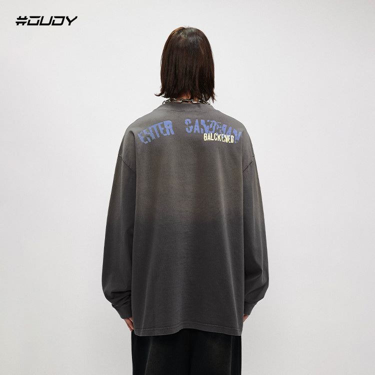#OVDY Vintage Wash Retro Cracked Gradient Print Long Sleeve Oversize Sweatshirt