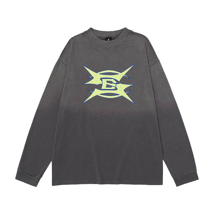 #OVDY Vintage Wash Retro Cracked Gradient Print Long Sleeve Oversize Sweatshirt