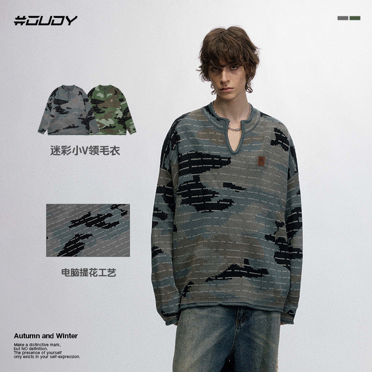 #OVDY  Unisex Thermal Jacquard Craft V-Neck Camouflage Knitwear Sweater
