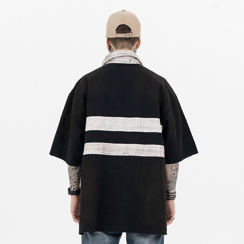 FORGIVNESS Distressed Polo Dirty Dye Lapel Silhouette Double Short Sleeve Tee