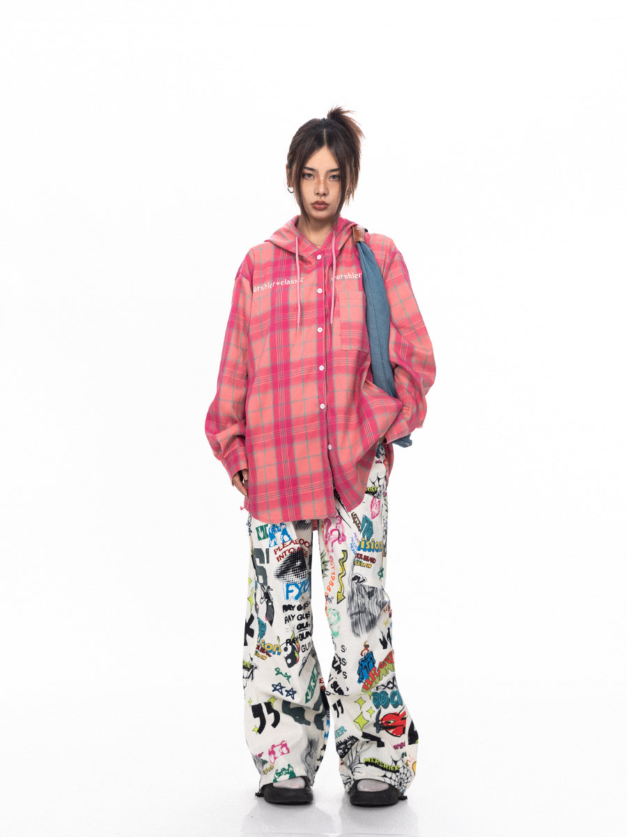 BLACKBB Plaid Embroidered Pink Breasted Loose Couple Shirt