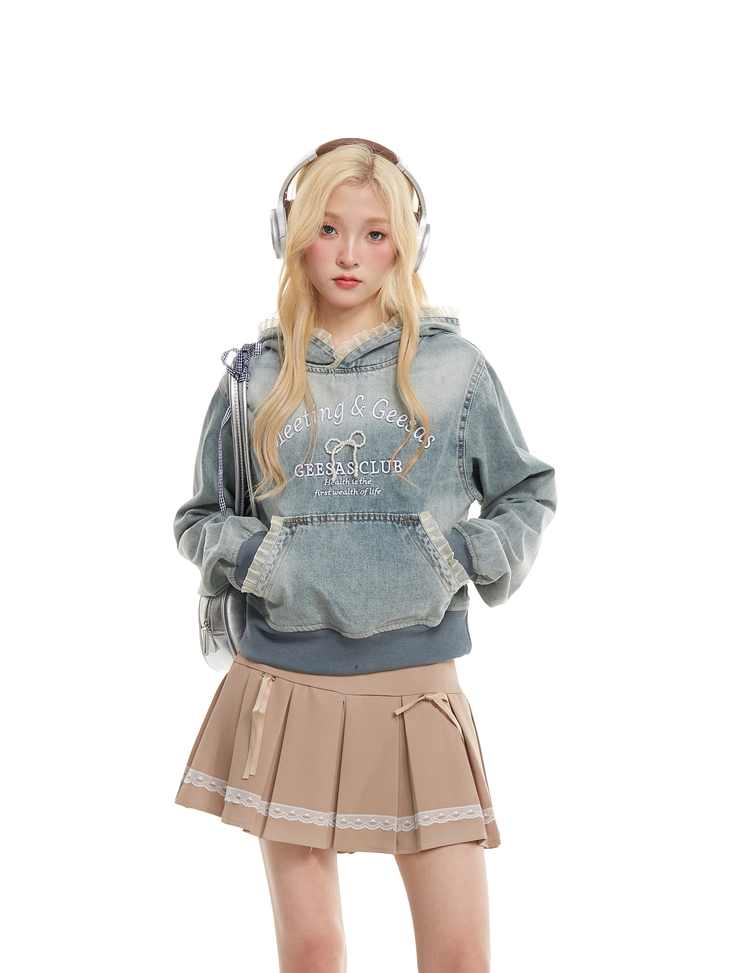 NERESUM Lace Patchwork Denim Hoodie Sweatshirt Trendy Preppy Street Cropped Hoodies