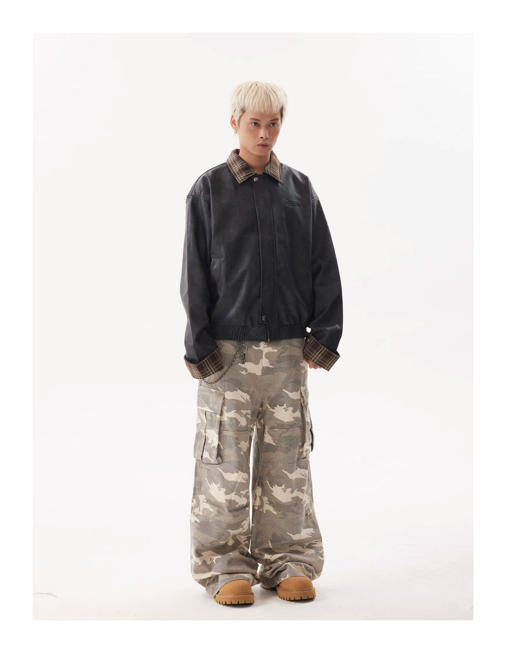 BTSG Lapel Plaid Panel Leather Jacket