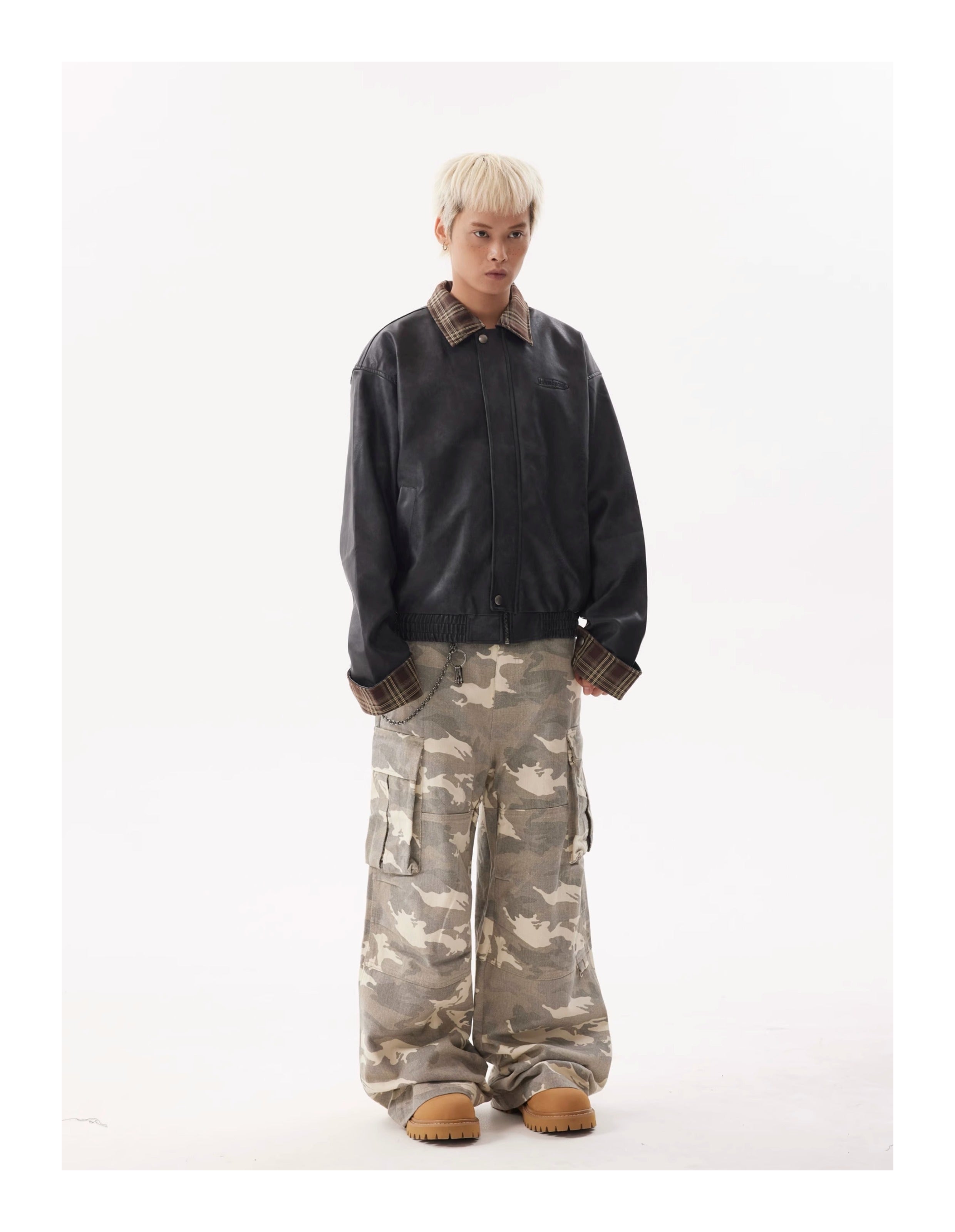 BTSG Lapel Plaid Panel Leather Jacket