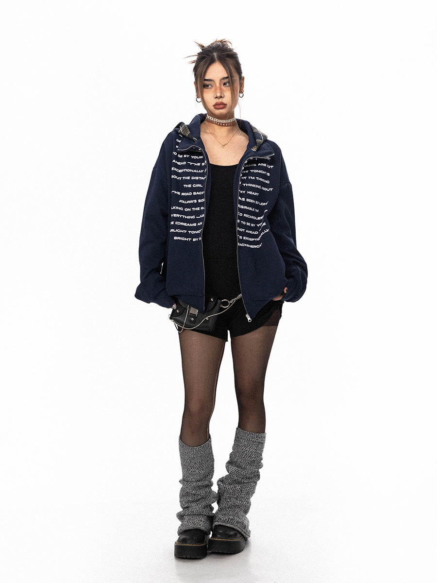 BLACKBB American Patchwork Plaid Hooded Printed Cardigan Zipper Jacket