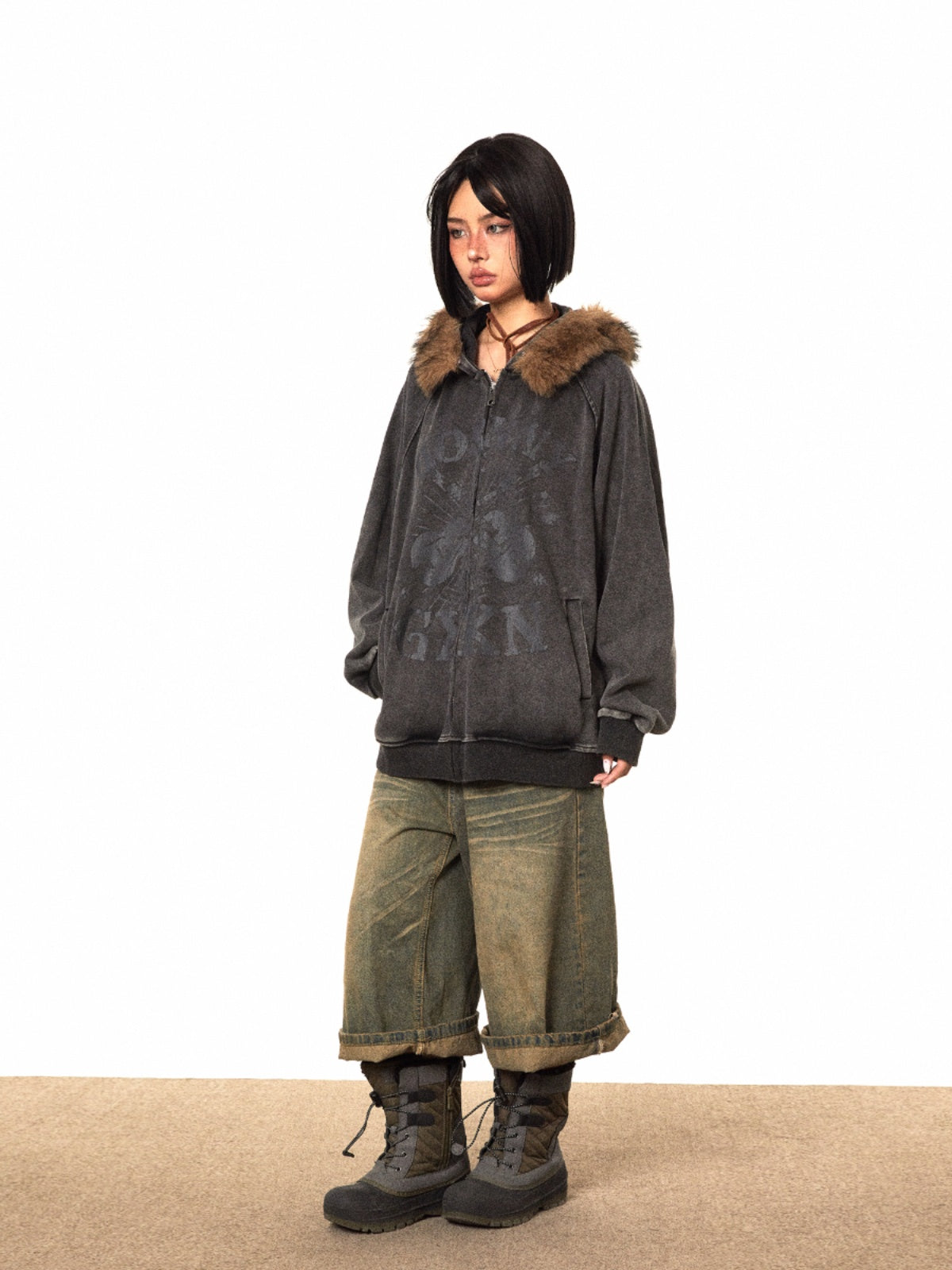 BLACKBB American Brown Fur Collar Print Zip-Up Jacket