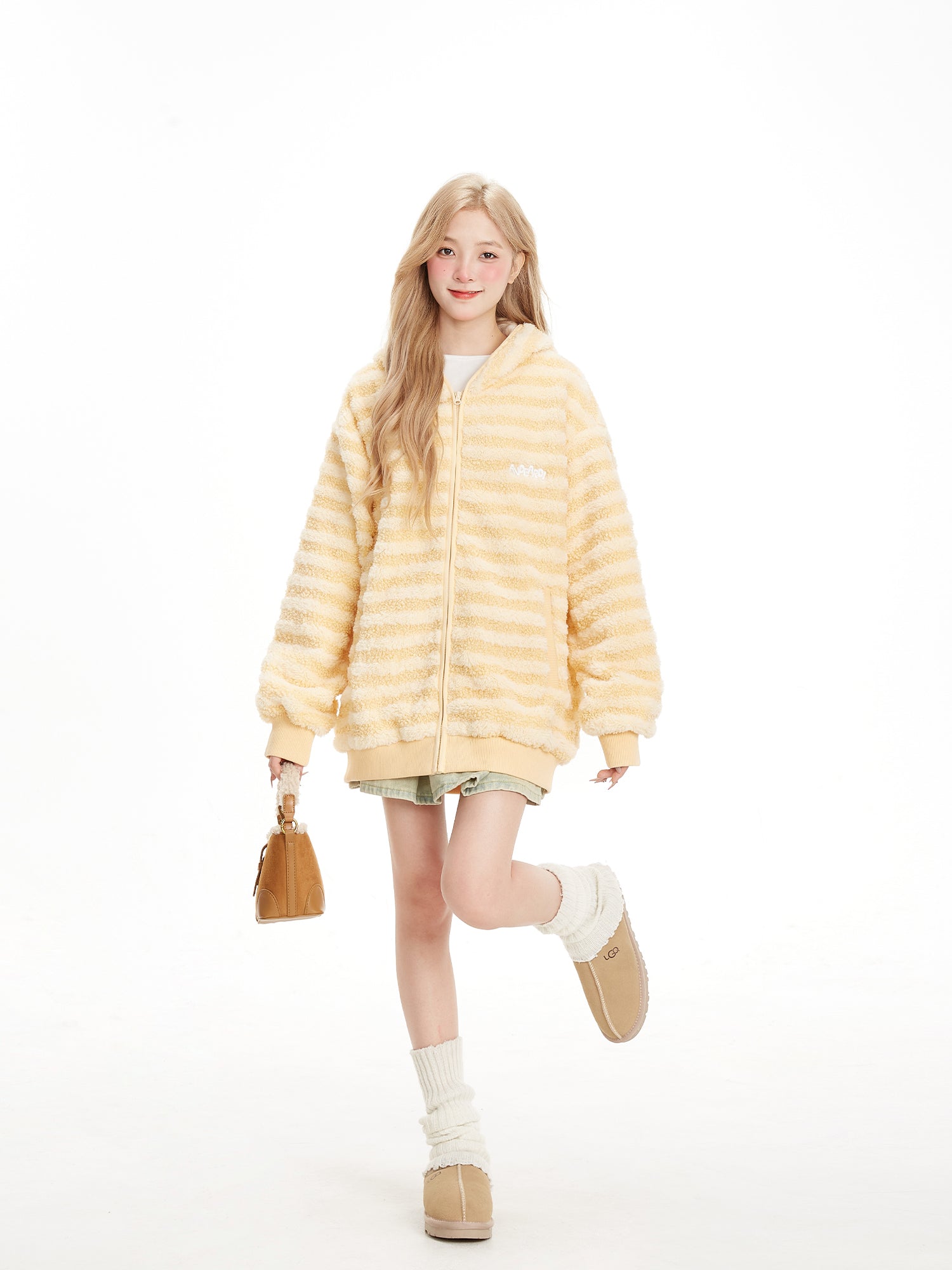 NERESUM Bear Ear Striped Fleece Hoodie Jacket Winter Cute Loose Thin Cotton Jacket