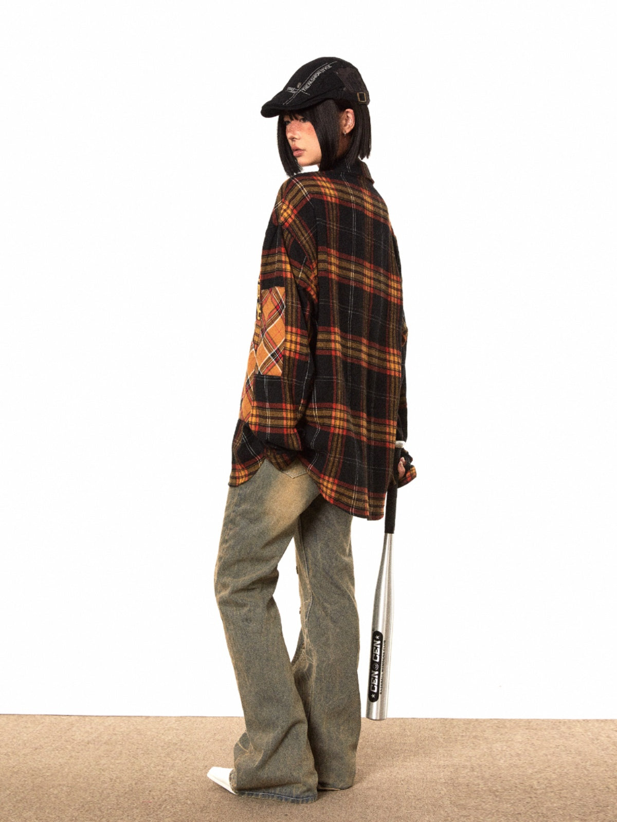 BLACKBB Retro Elements Patch Print Plaid Long Sleeve Shirt