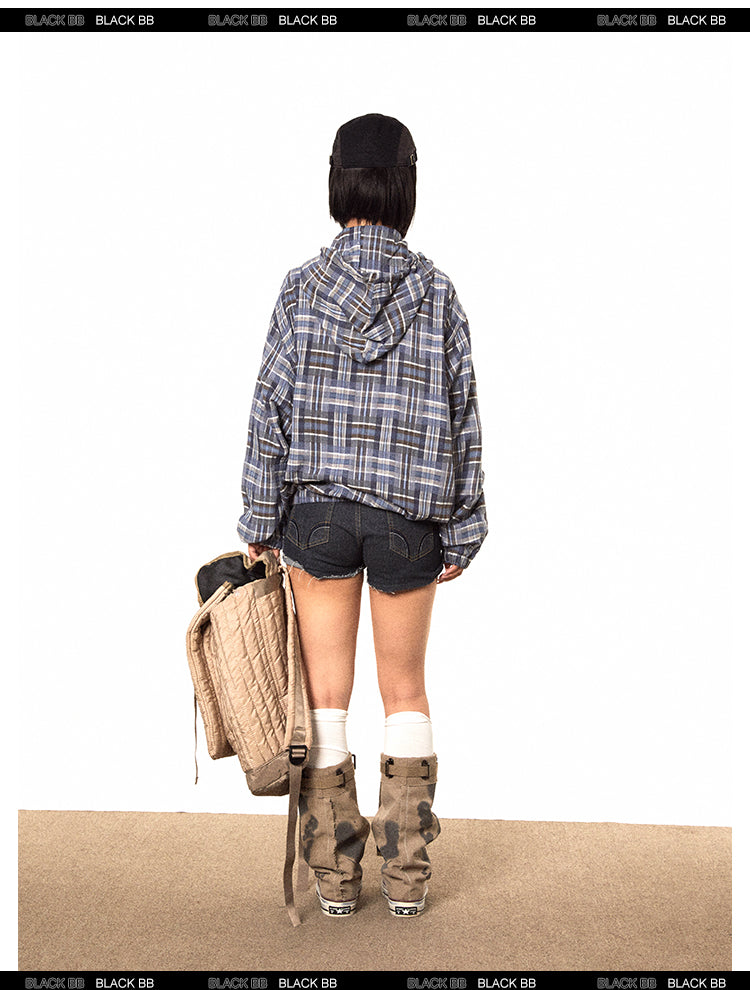 BLACKBB American Irregular Plaid Zipper Up Jacket