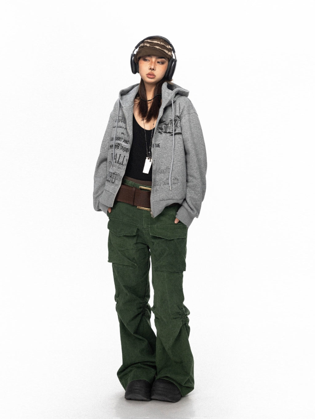 BLACKBB Glitter Retro Letter Print Zipper Up Jacket