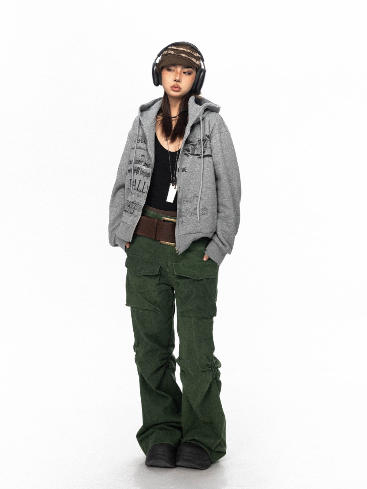 BLACKBB Glitter Retro Letter Print Zipper Up Jacket