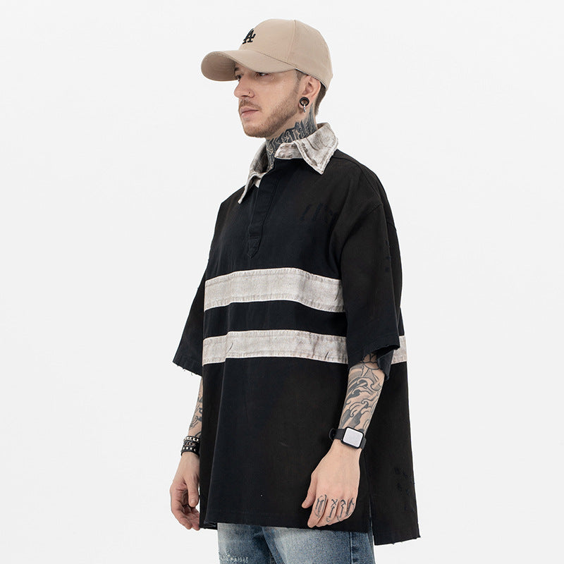 FORGIVNESS Distressed Polo Dirty Dye Lapel Silhouette Double Short Sleeve Tee