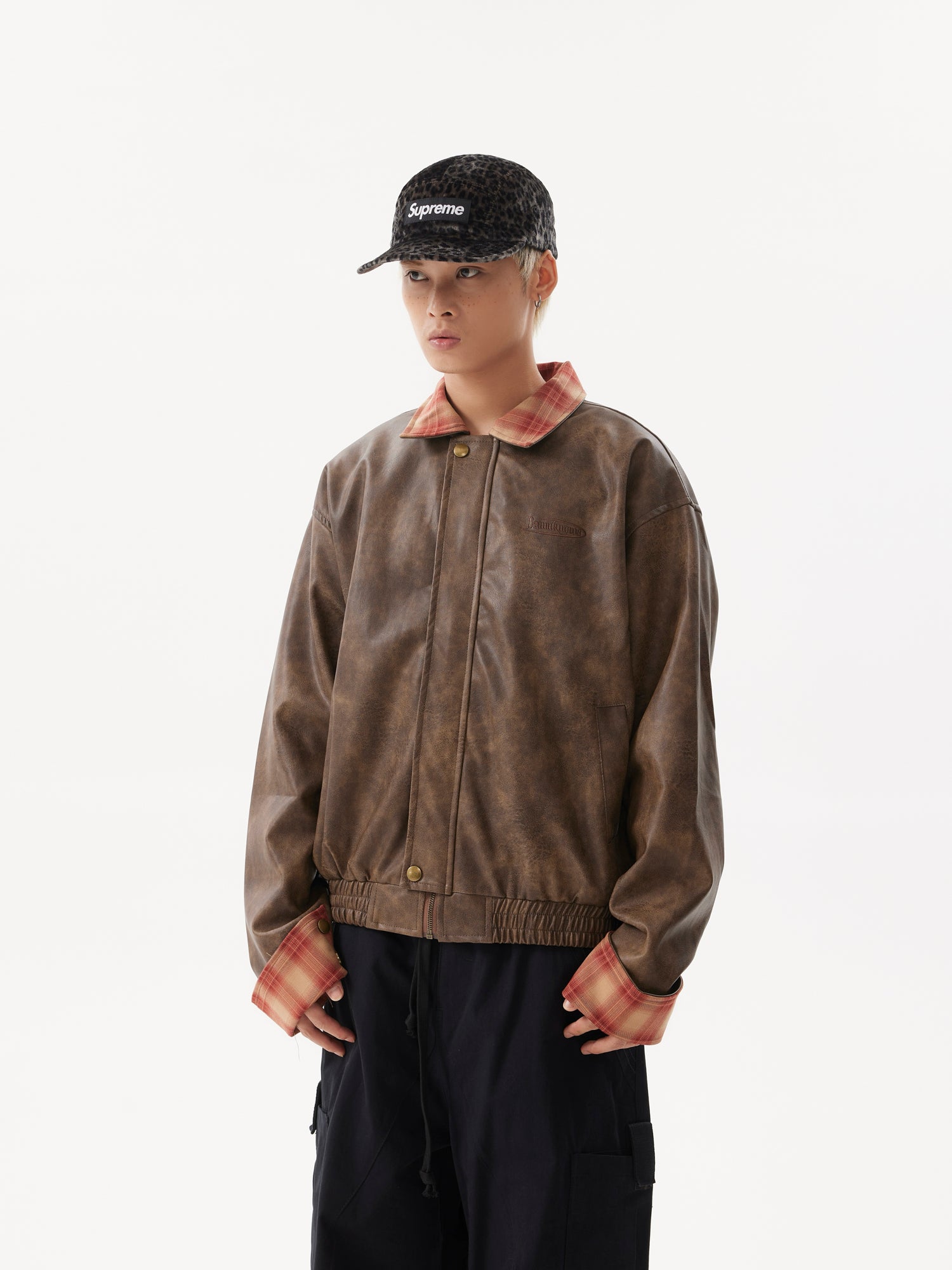 BTSG Lapel Plaid Panel Leather Jacket
