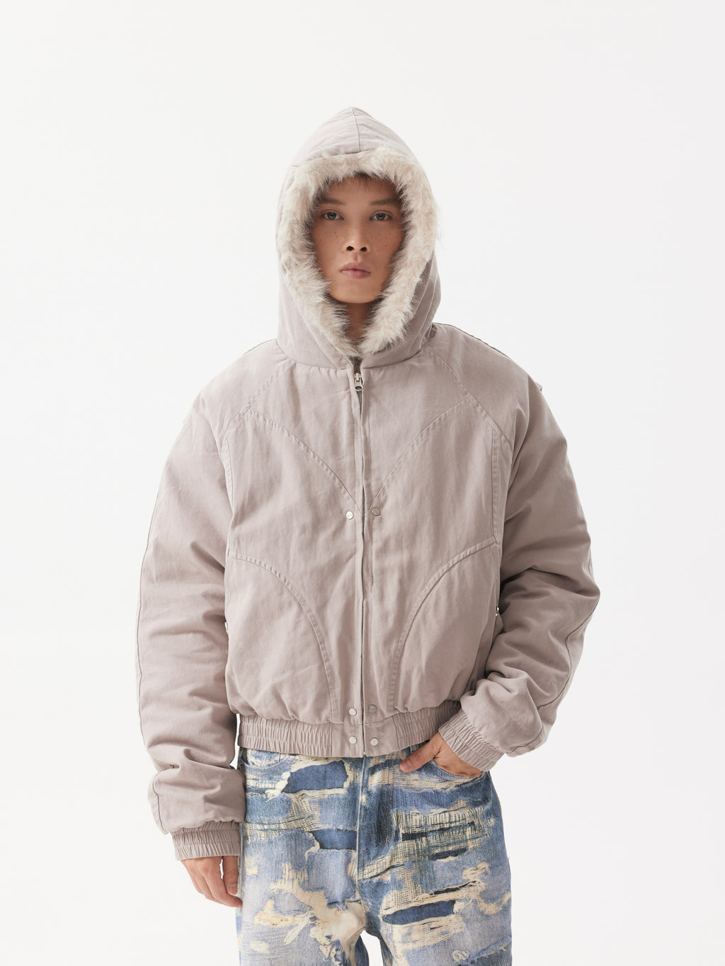 BTSG Canvas Cropped Plush Jacket
