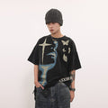 BTSG 270g Breathable Abstract Face Profile Cross Butterflies Retro Washed Cotton Tee
