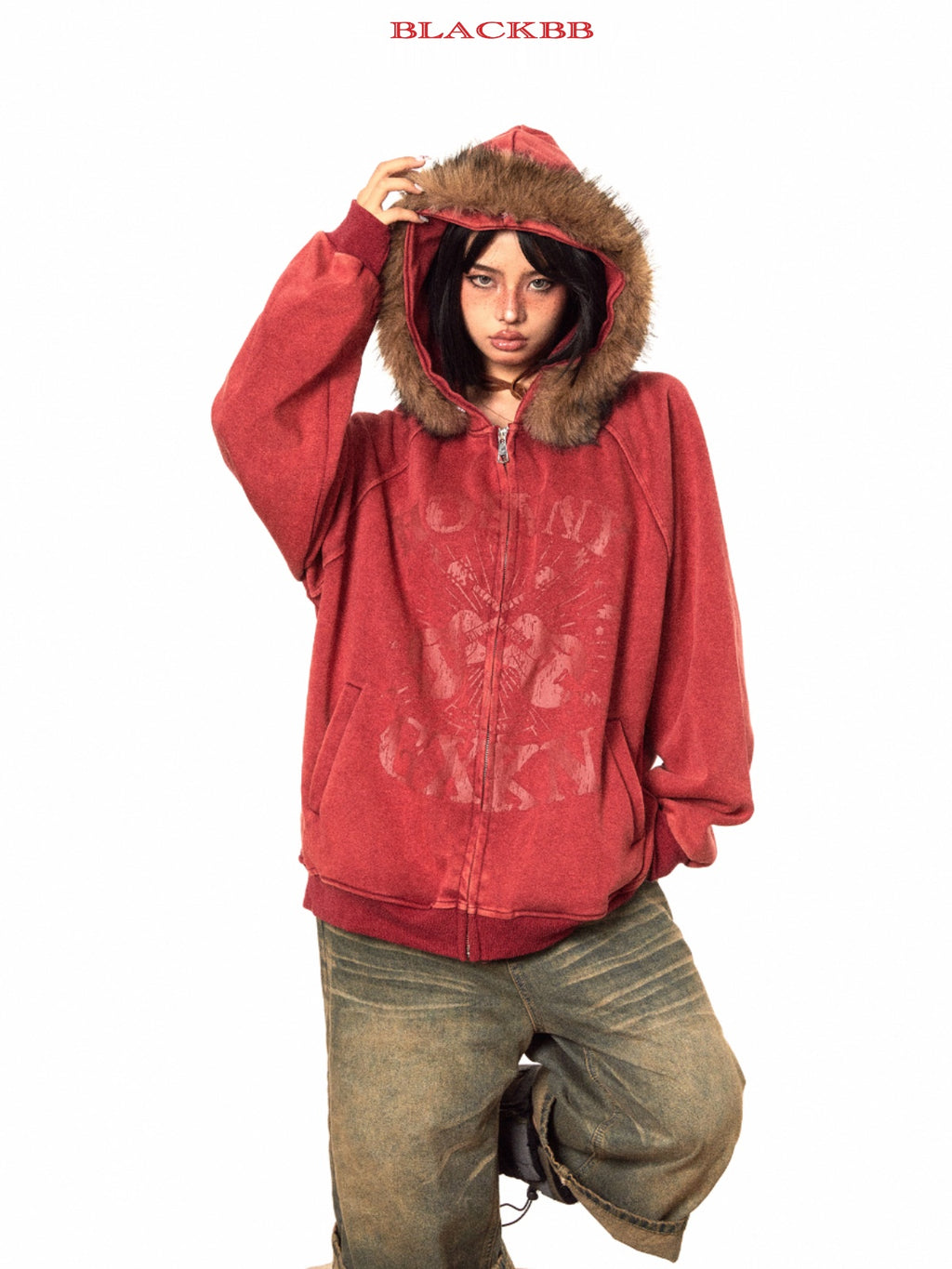 BLACKBB American Brown Fur Collar Print Zip-Up Jacket
