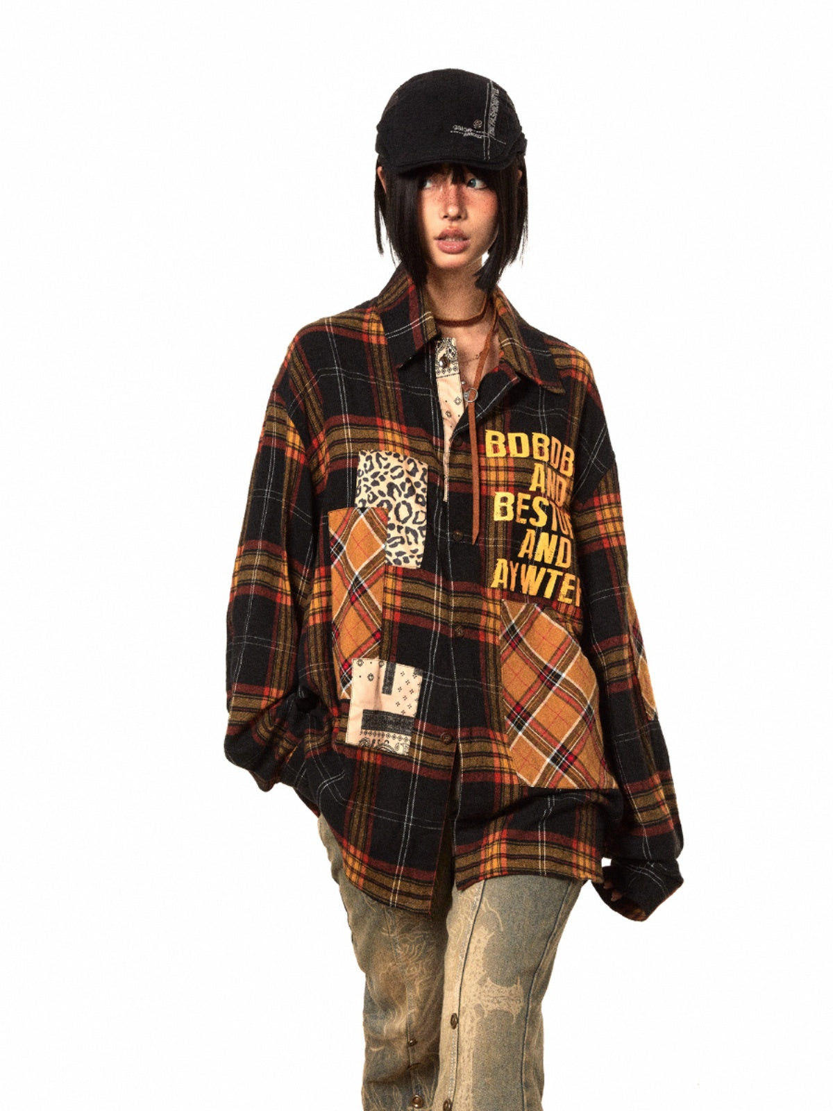 BLACKBB Retro Elements Patch Print Plaid Long Sleeve Shirt