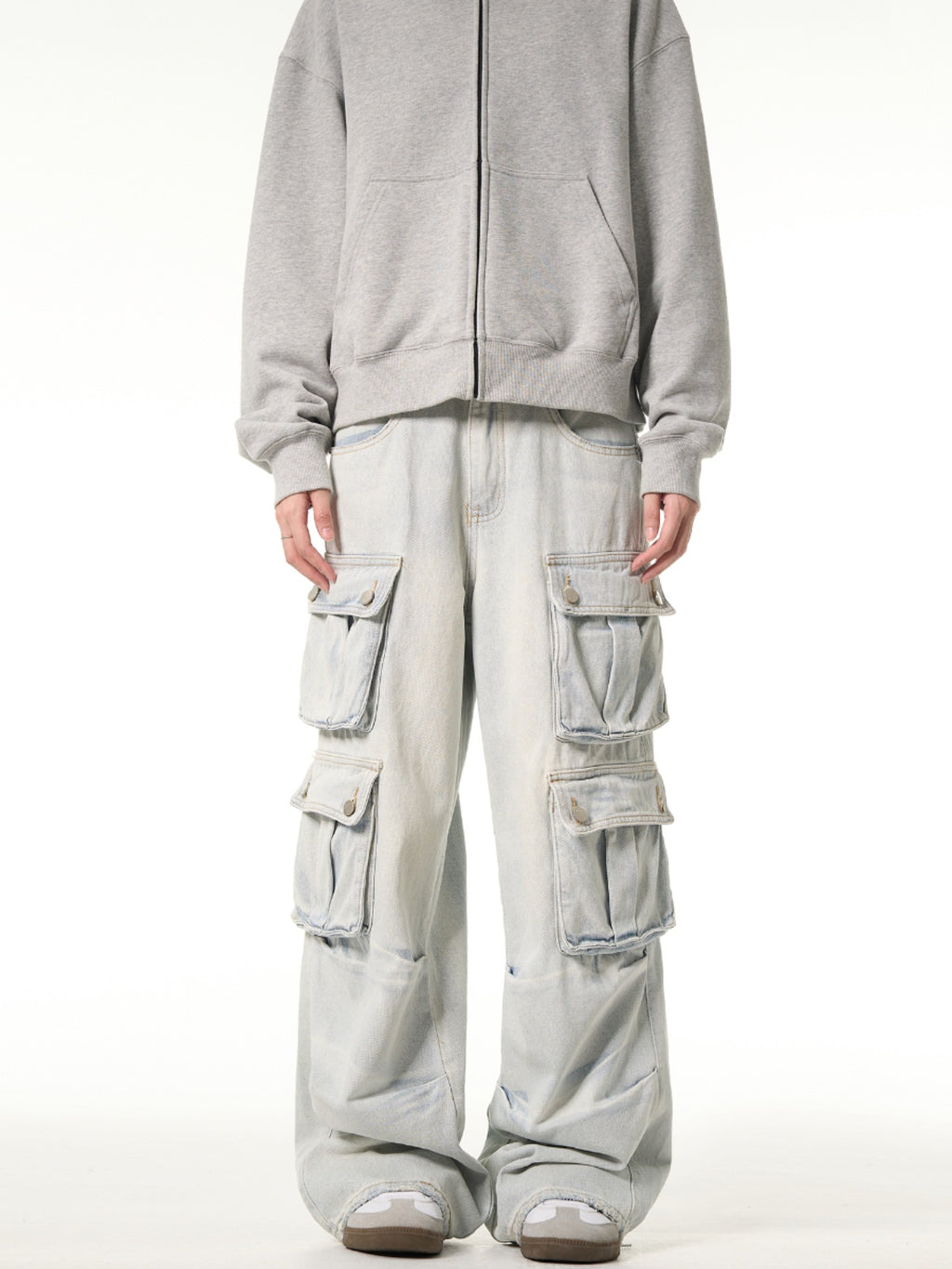 MADWITCH Washed Light Cargo Jeans Loose Multi-pocket Design Pants