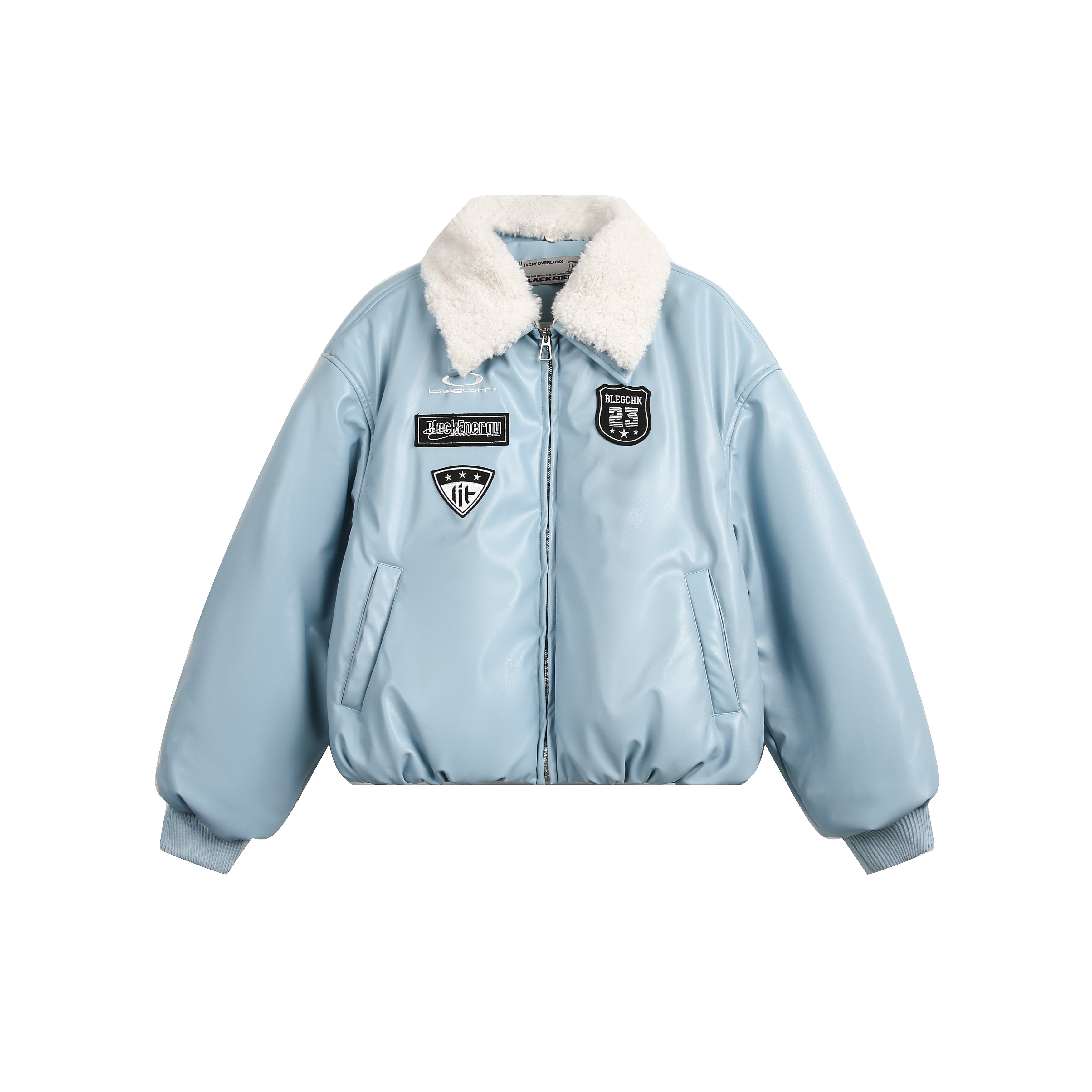 BTSG Leather Fur Collar Stitched Badges Padded Jacket