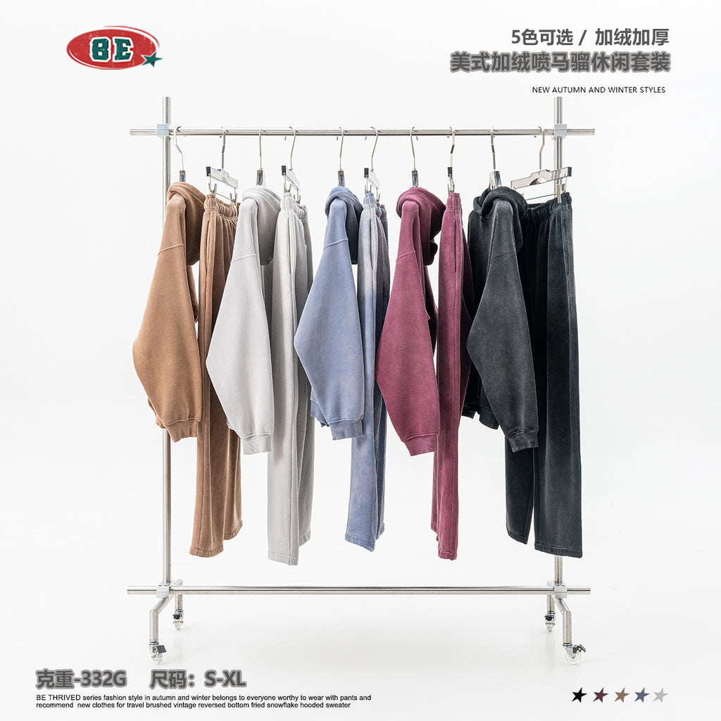 BE Retro Distressed Spray Dye Fleece Loose Hoodie Pants Set
