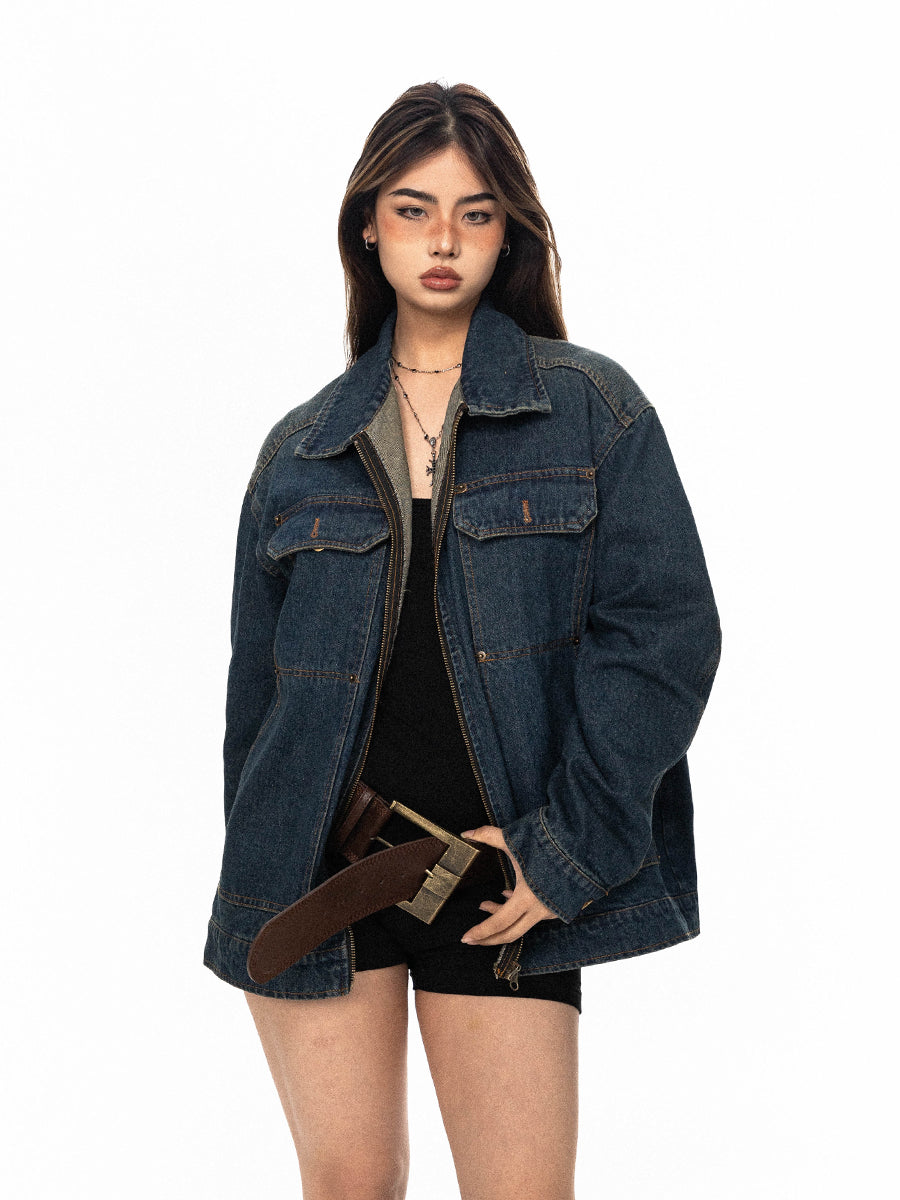 BLACKBB American Vintage Embroidery Washed Gradient Denim Zipper Up Jacket