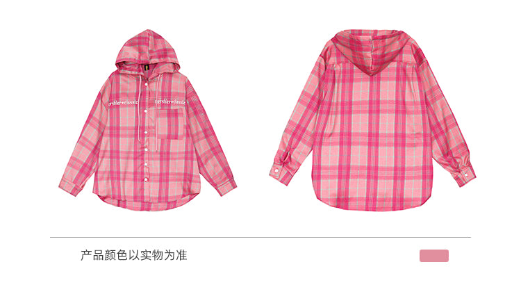 BLACKBB Plaid Embroidered Pink Breasted Loose Couple Shirt