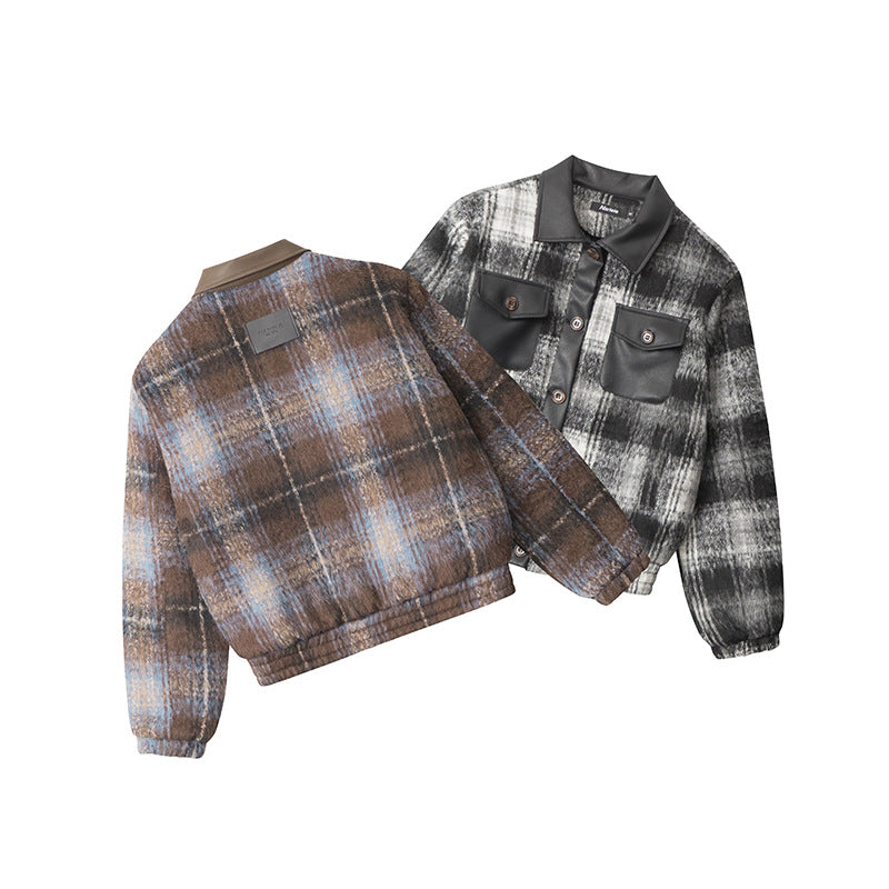 Nariele Retro American Vintage PU Leather Short Plaid Cotton Jackets
