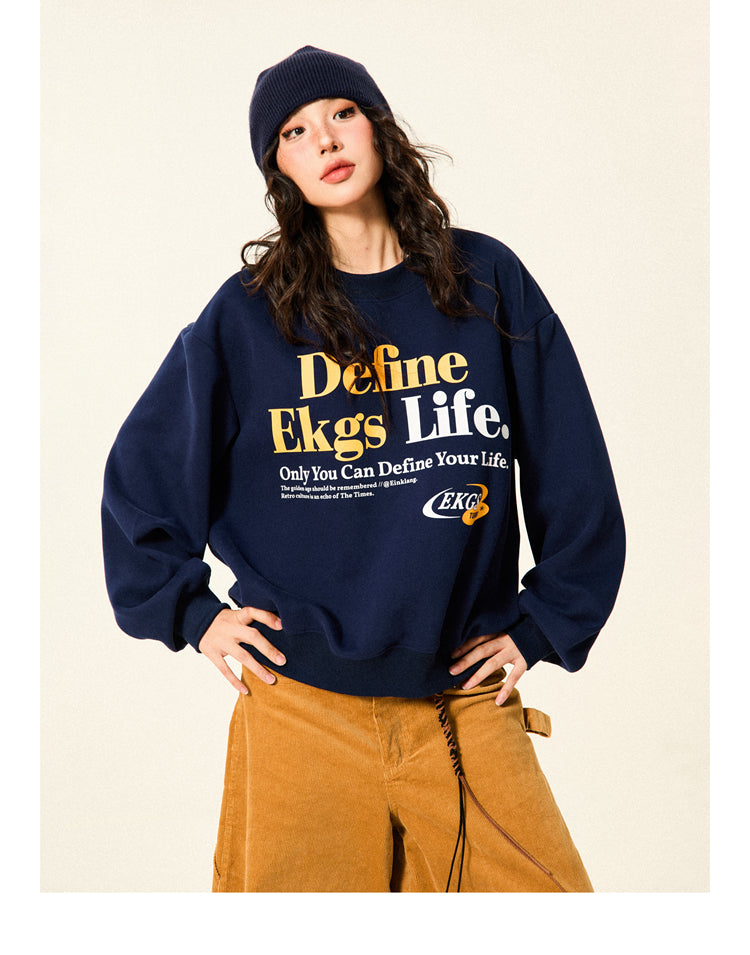 Mershier Original Retro Letter Print Crew Neck Sporty Sweatshirt