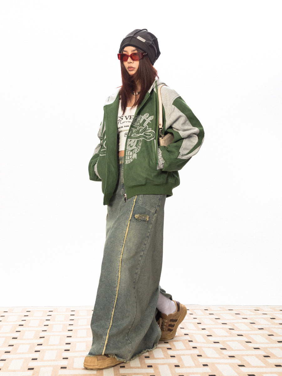 BLACKBB Suede Patchwork Hood Print Zip Up Jacket