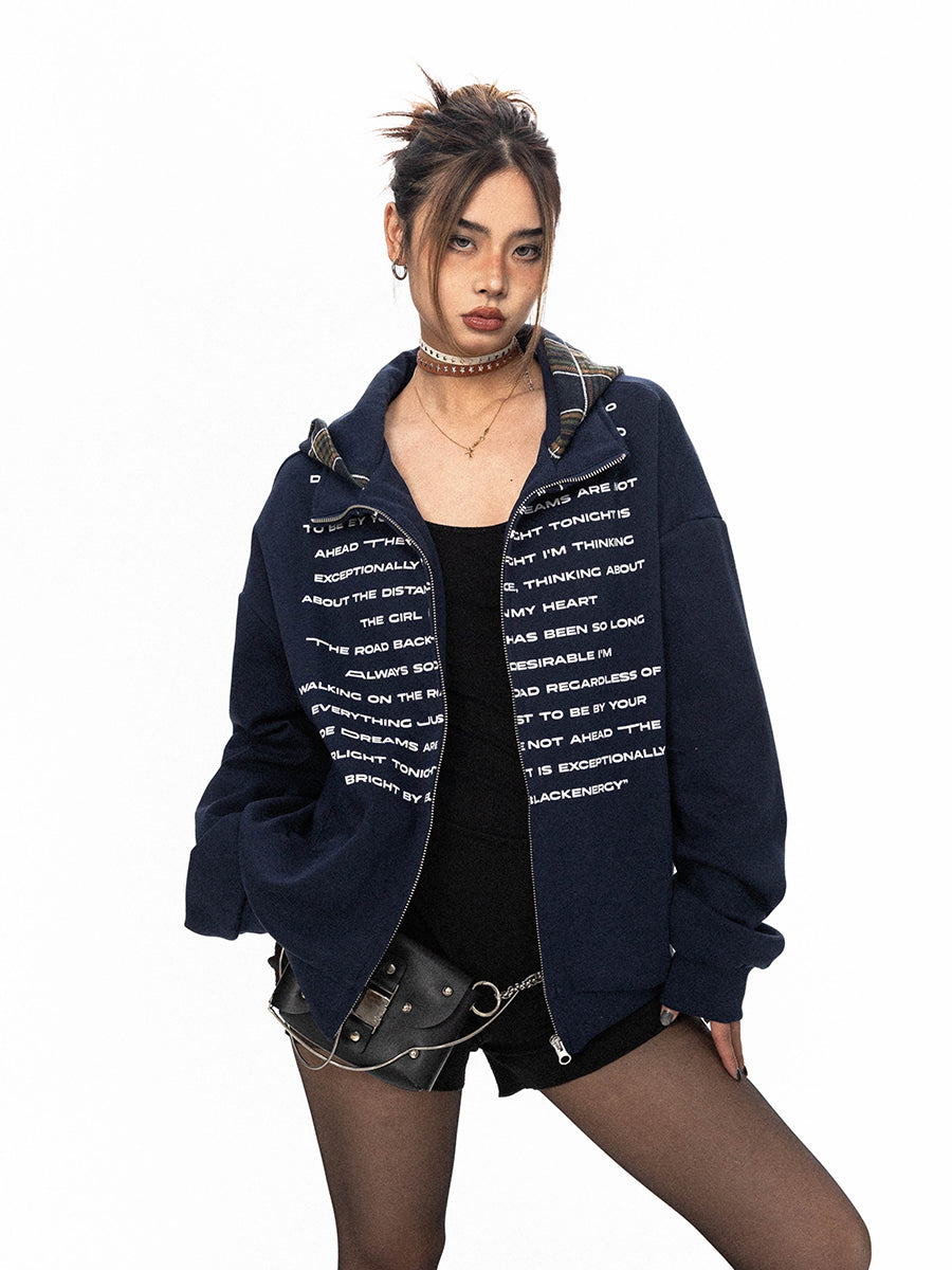 BLACKBB American Patchwork Plaid Hooded Printed Cardigan Zipper Jacket