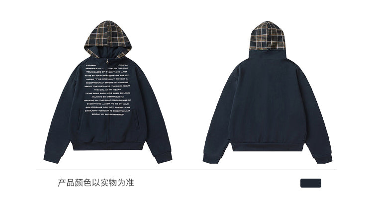 BLACKBB American Patchwork Plaid Hooded Printed Cardigan Zipper Jacket