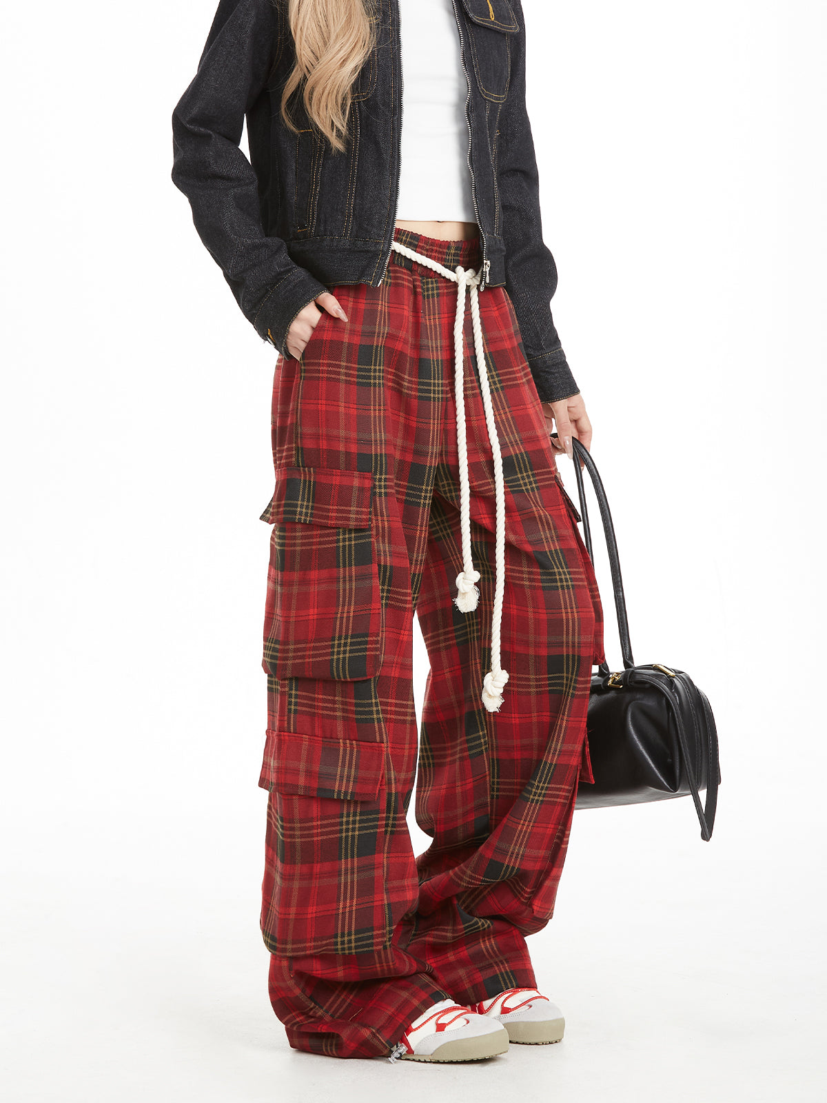 NERESUM Pant Retro Lazy Plaid Pants Trendy Design Casual Straight Cargo Pockets Pants