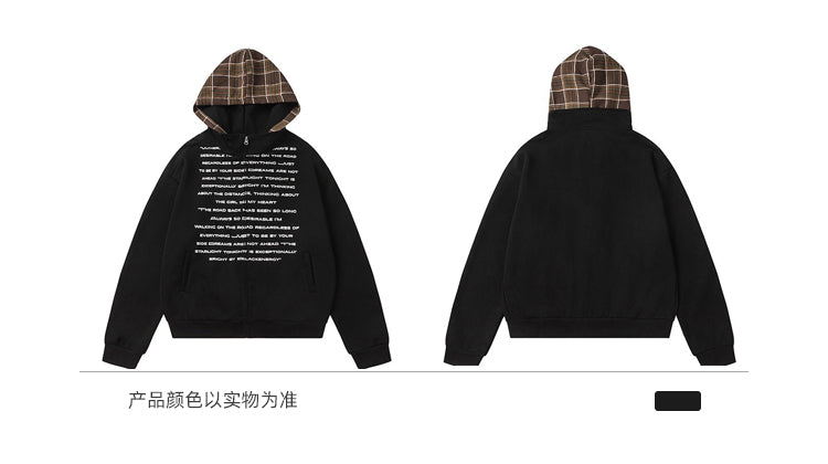 BLACKBB American Patchwork Plaid Hooded Printed Cardigan Zipper Jacket