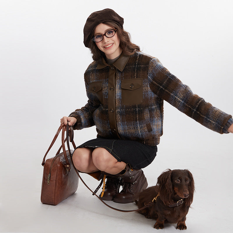Nariele Retro American Vintage PU Leather Short Plaid Cotton Jackets