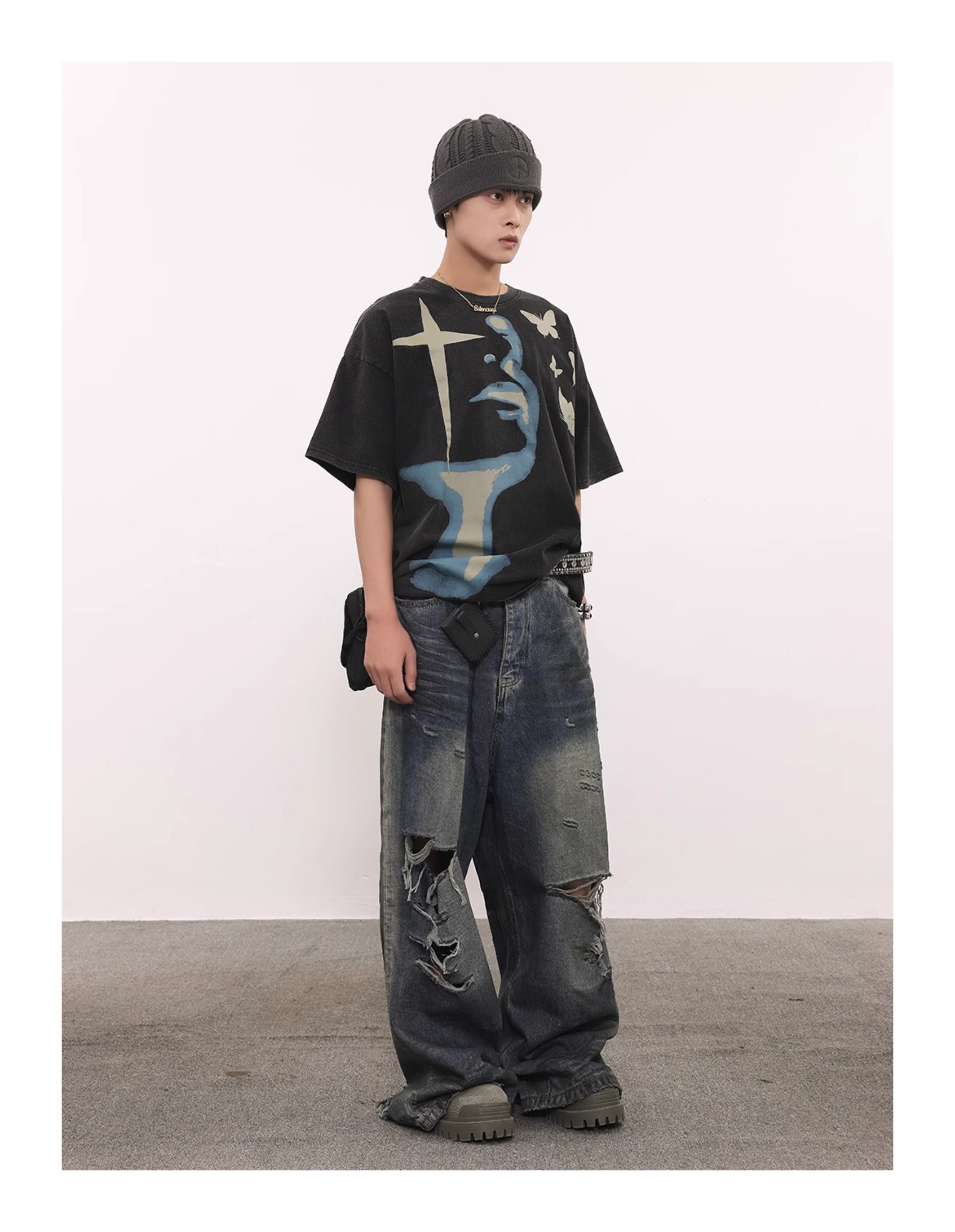 BTSG 270g Breathable Abstract Face Profile Cross Butterflies Retro Washed Cotton Tee