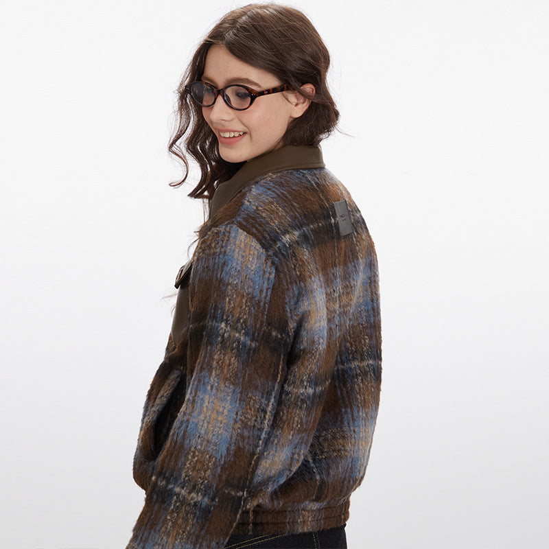 Nariele Retro American Vintage PU Leather Short Plaid Cotton Jackets