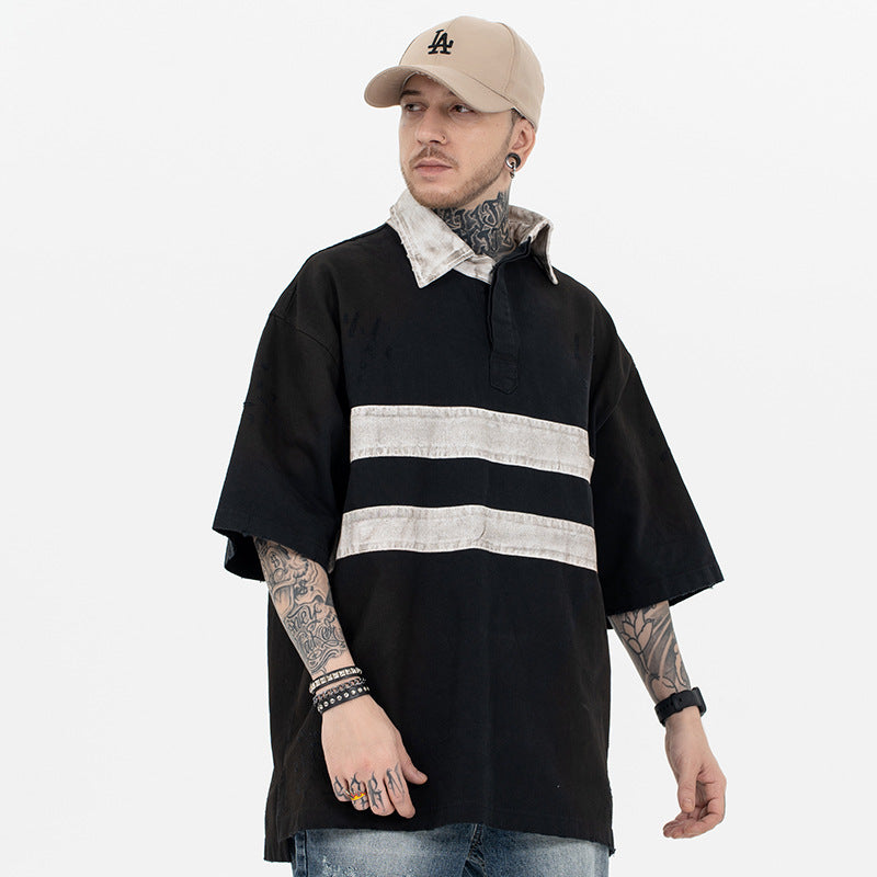 FORGIVNESS Distressed Polo Dirty Dye Lapel Silhouette Double Short Sleeve Tee