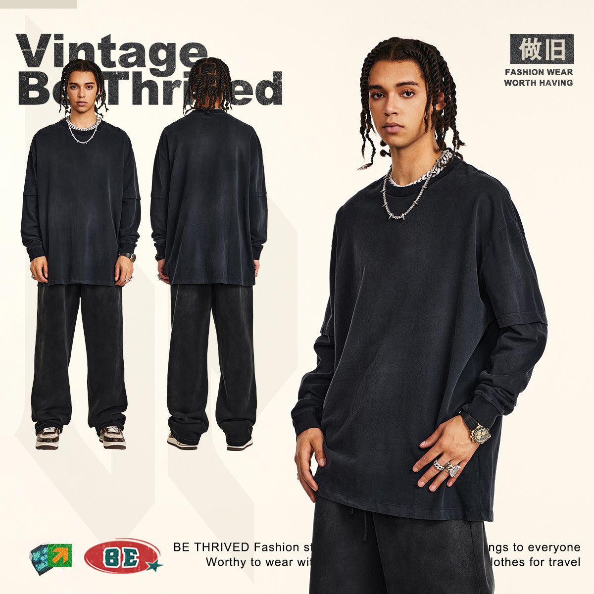 BE Washed 100% Cotton Long 2 Sleeve Tee