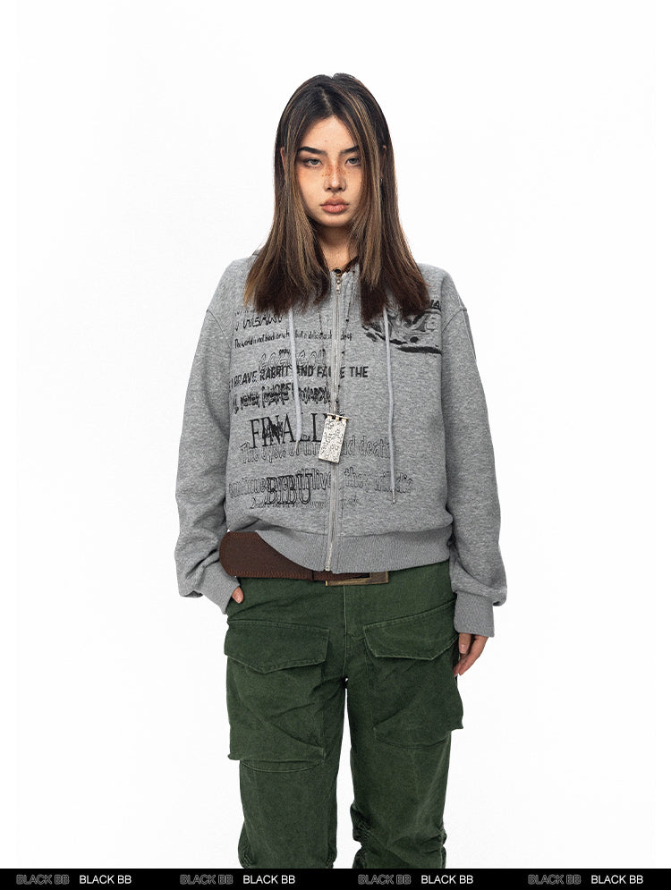 BLACKBB Glitter Retro Letter Print Zipper Up Jacket
