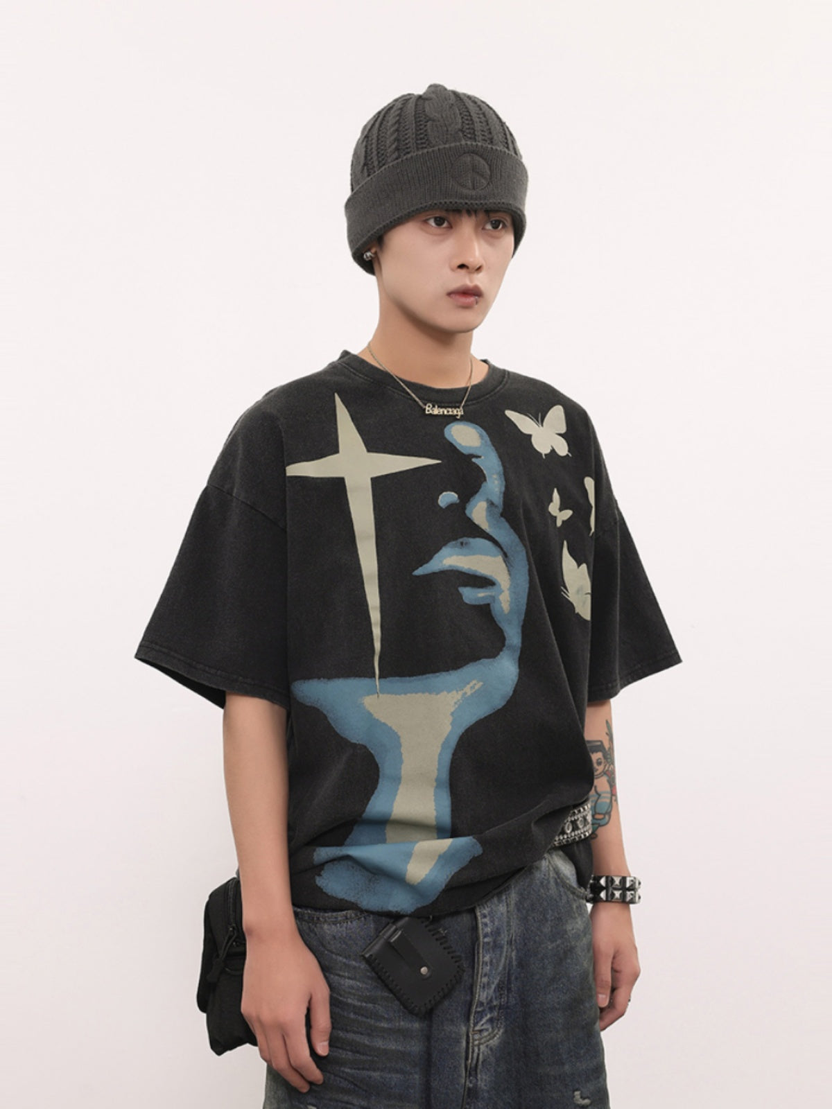BTSG 270g Breathable Abstract Face Profile Cross Butterflies Retro Washed Cotton Tee
