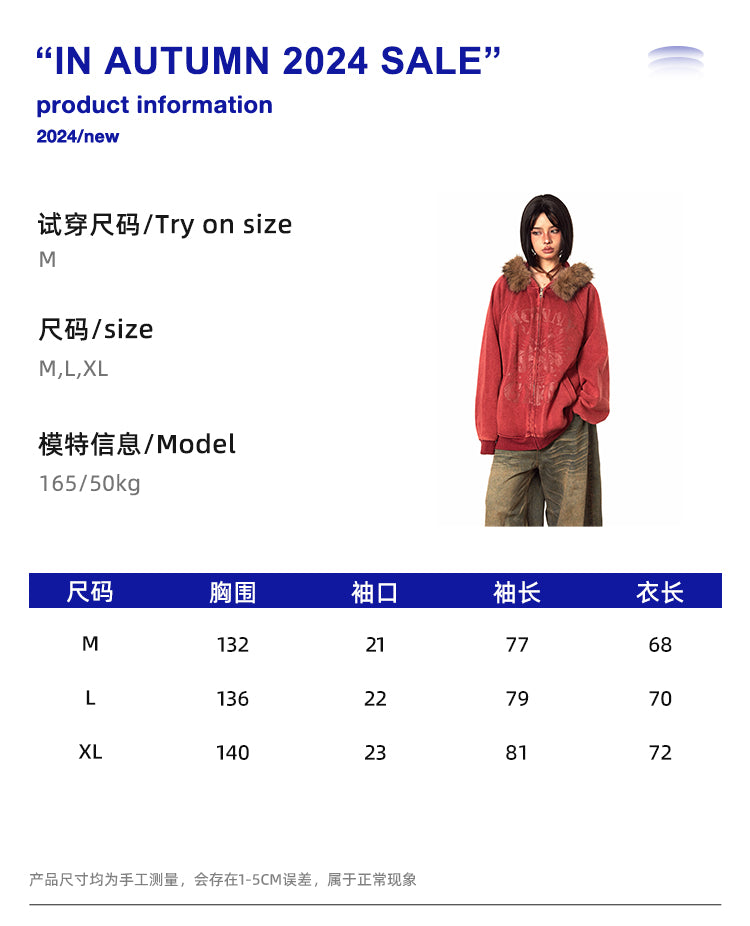 BLACKBB American Brown Fur Collar Print Zip-Up Jacket