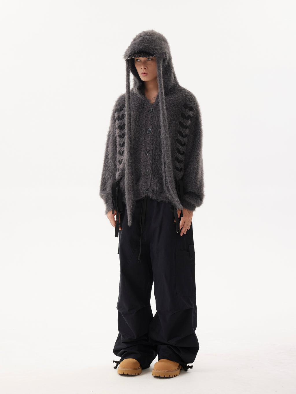 BTSG Plush Mink Fur Drawstring Ear Embellishment Sweater Hoodie