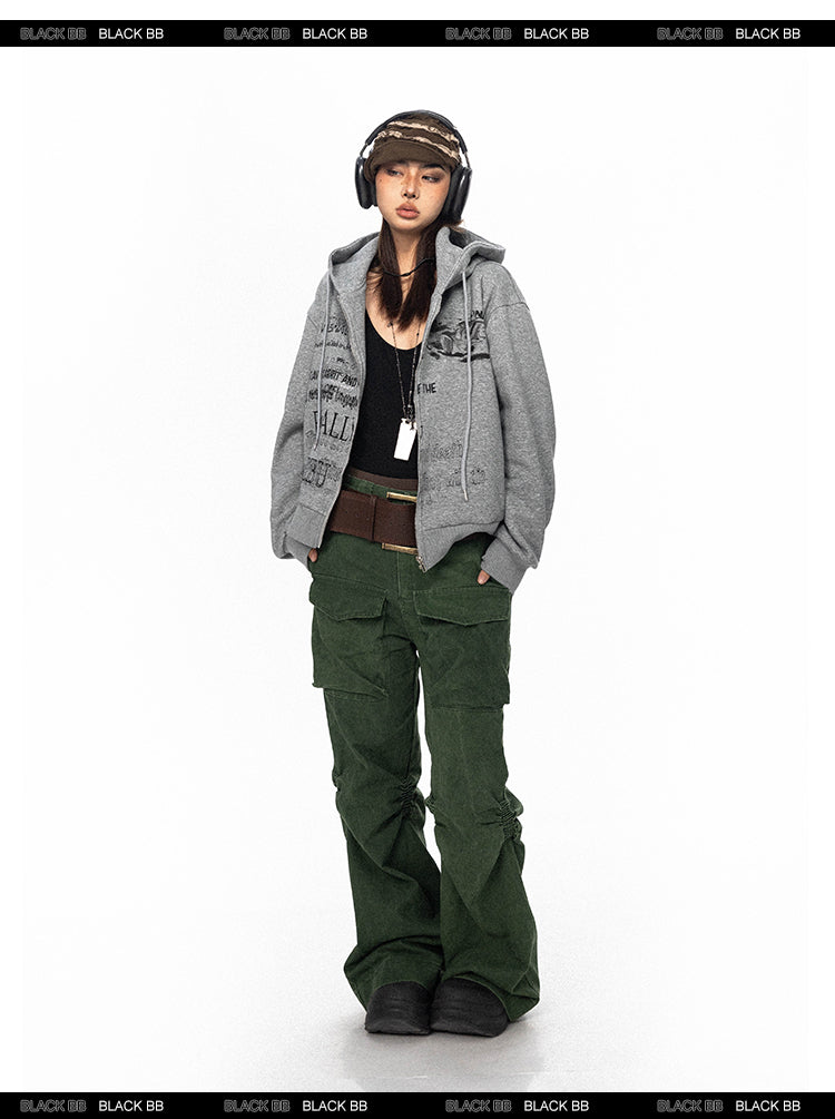 BLACKBB Glitter Retro Letter Print Zipper Up Jacket