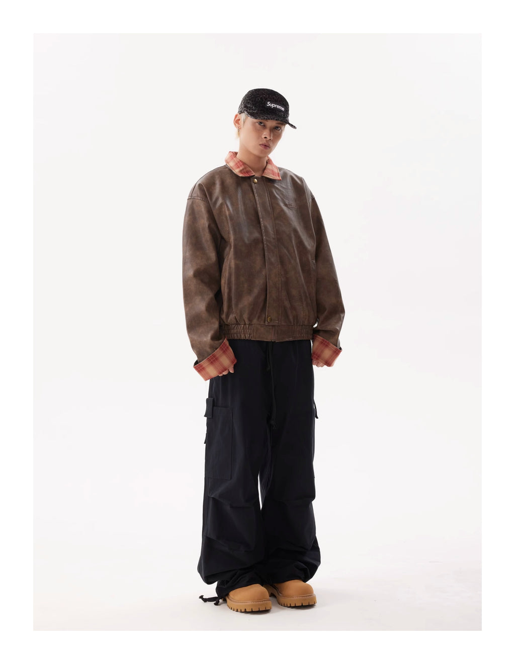 BTSG Lapel Plaid Panel Leather Jacket