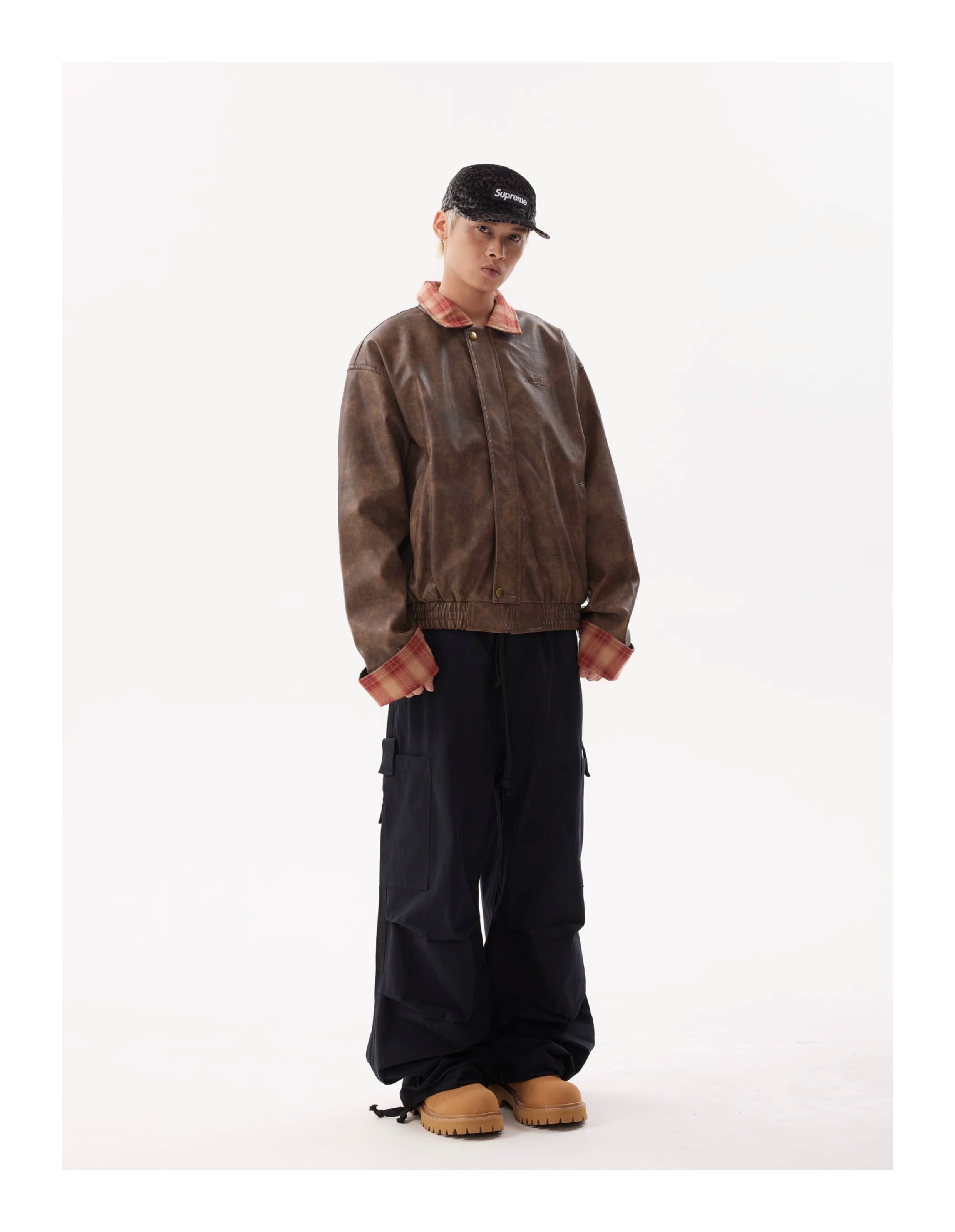 BTSG Lapel Plaid Panel Leather Jacket