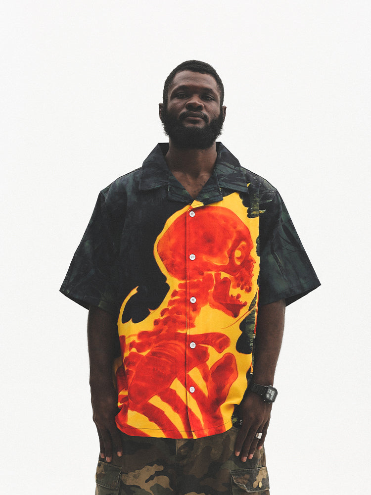 UNTILWERICH Cuban Collar Skull Shirt