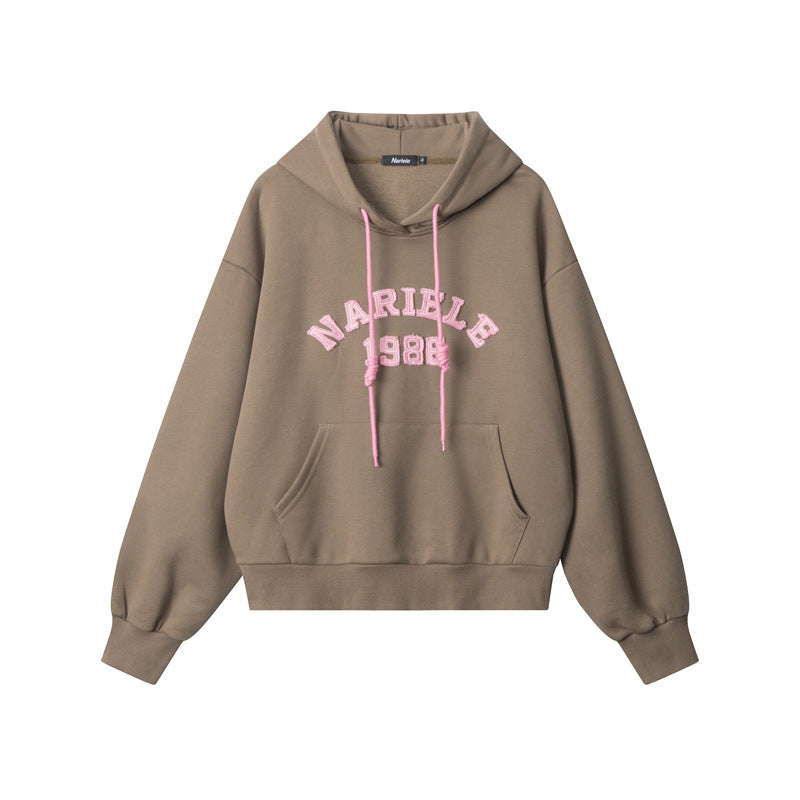 Nariele Retro Style Lettered Embroidered Hoodie Sweatshirt Loose New Casual Top