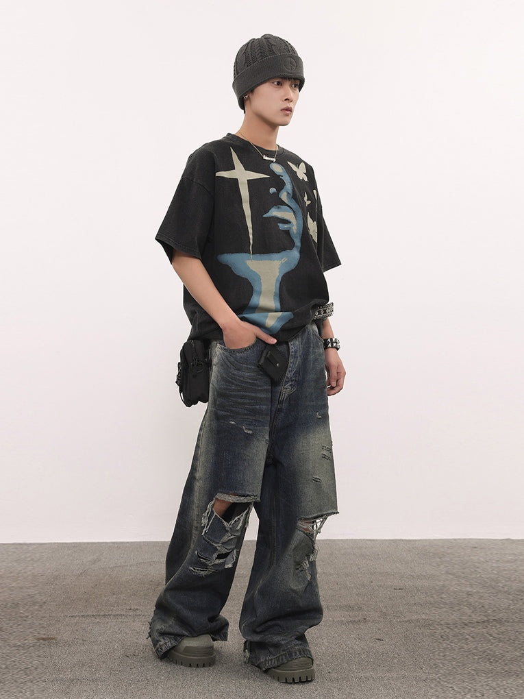 BTSG 270g Breathable Abstract Face Profile Cross Butterflies Retro Washed Cotton Tee